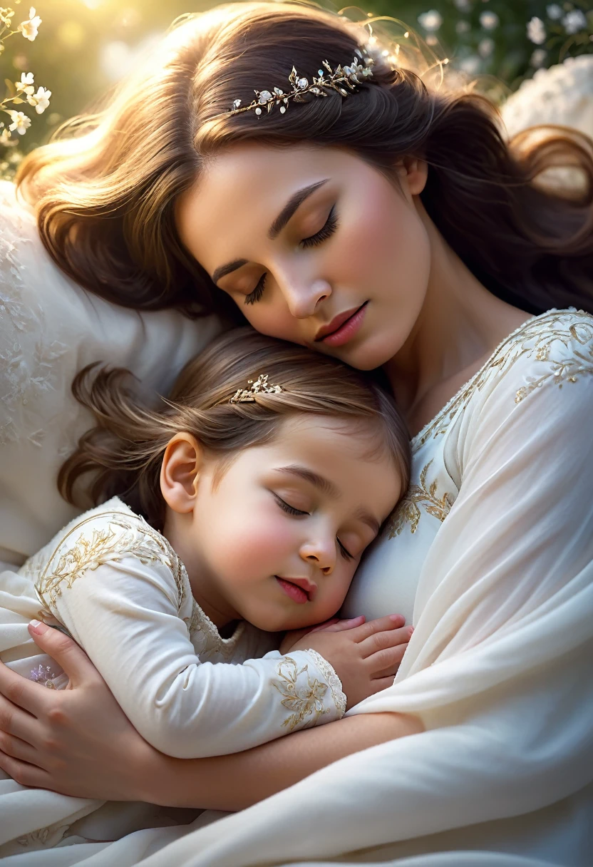 (Highest quality,4K,High resolution),protector,Peaceful atmosphere,Soft lighting,Bidding bonds,Calm,Cautious eyes,Sleeping innocence,A Mother’s Love,,Blissful Dreams,Calm and soothing,Angelic Presence,Guardian spirit,endless love,Protective hug,A gentle touch,peaceful sleep,Quiet landscape,Shine,The Ecstasy of Sleep,The ultimate tranquility,Dreamy warmth,Unconditional love,Precious moments,Safe and secure,Heavenly Protection,Mother&#39;s touch,A sacred connection,Celestial Guardian,Eternal bonds,Peace of mind,A Mother’s Love,天上のPeaceful atmosphere,Eternal Peace