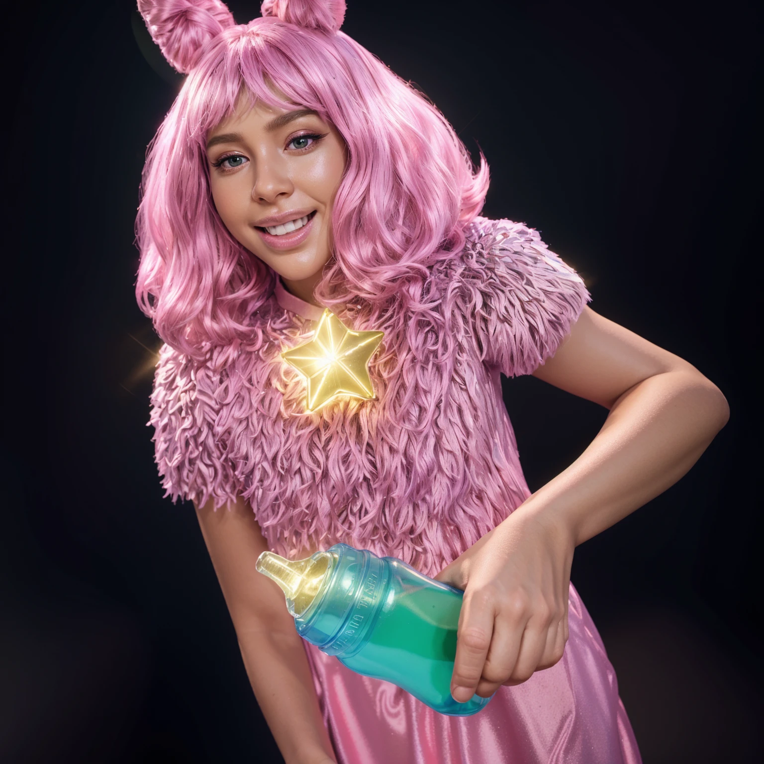 A girl with pink hair and a star on her super fluffy shirt is holding a green water bottle, fluffy pink skirt, smooth 3d model, glossy plastic texture, multiple light sources, rim light, sharp post effects render, most beautiful vfx, , realistic, 4k, high resolution, rim light, smooth 3d model. , glossy texture, smooth 3d model, multiple light sources, rim light, sharp post effects render, (glossy plastic texture with multiple big light probe refractions), perfect cgi, reflective, best quality, 4k, masterpiece:1.2, ultra-detailed, realistic, vivid colors, The image of the highest quality, ensuring every detail showcased perfectly. It in 4k resolution, allowing viewers to immerse themselves in the richness of the colors and intricate details. The realistic rendering. under the spotlight, reflecting, high-resolution image, realistic rendering