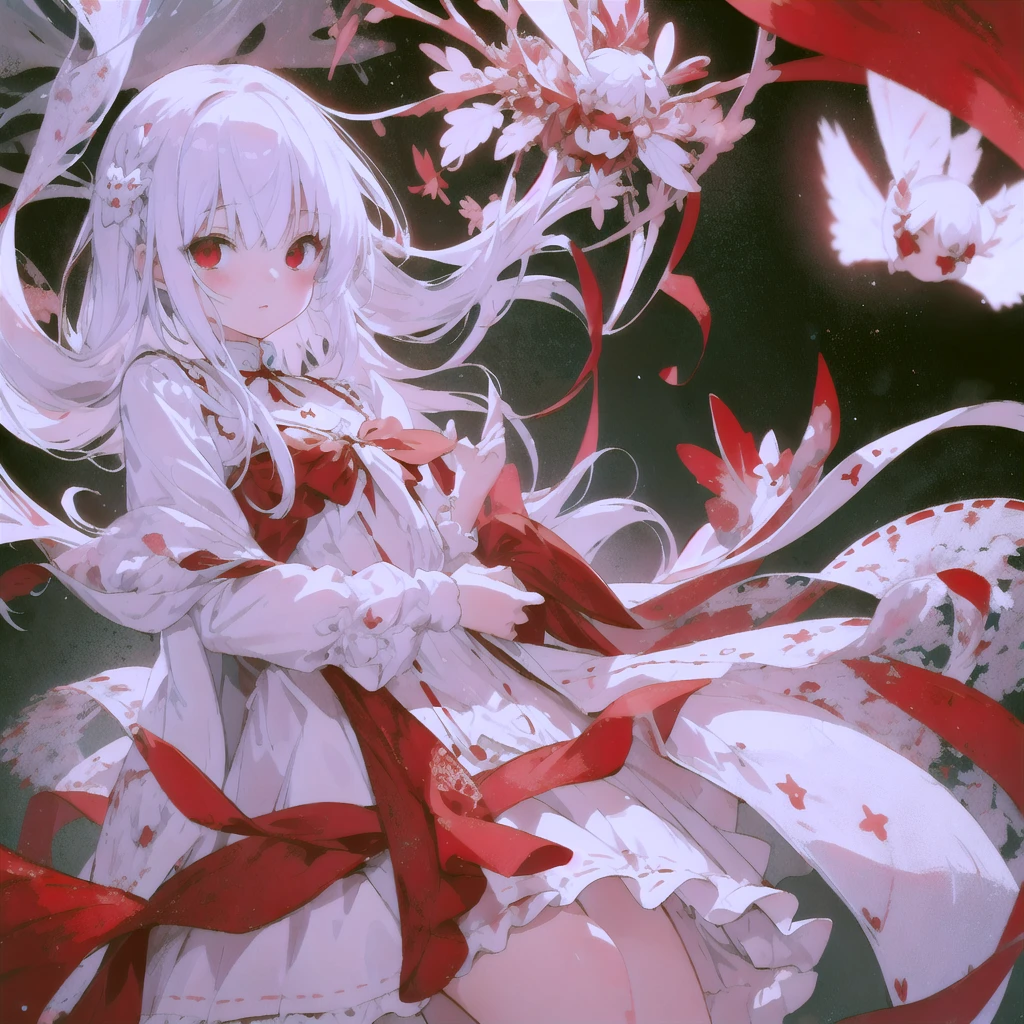 beautiful illustration, best quality, cute petit girl, (transform sequence), transform magical girl, chibi, white magical girl, fractal art, albino, babyface, long pure white and red mesh hair, beautiful detailed red eyes, cinematic lighting, cowboy shot, looking at viewer, from bottom, happy