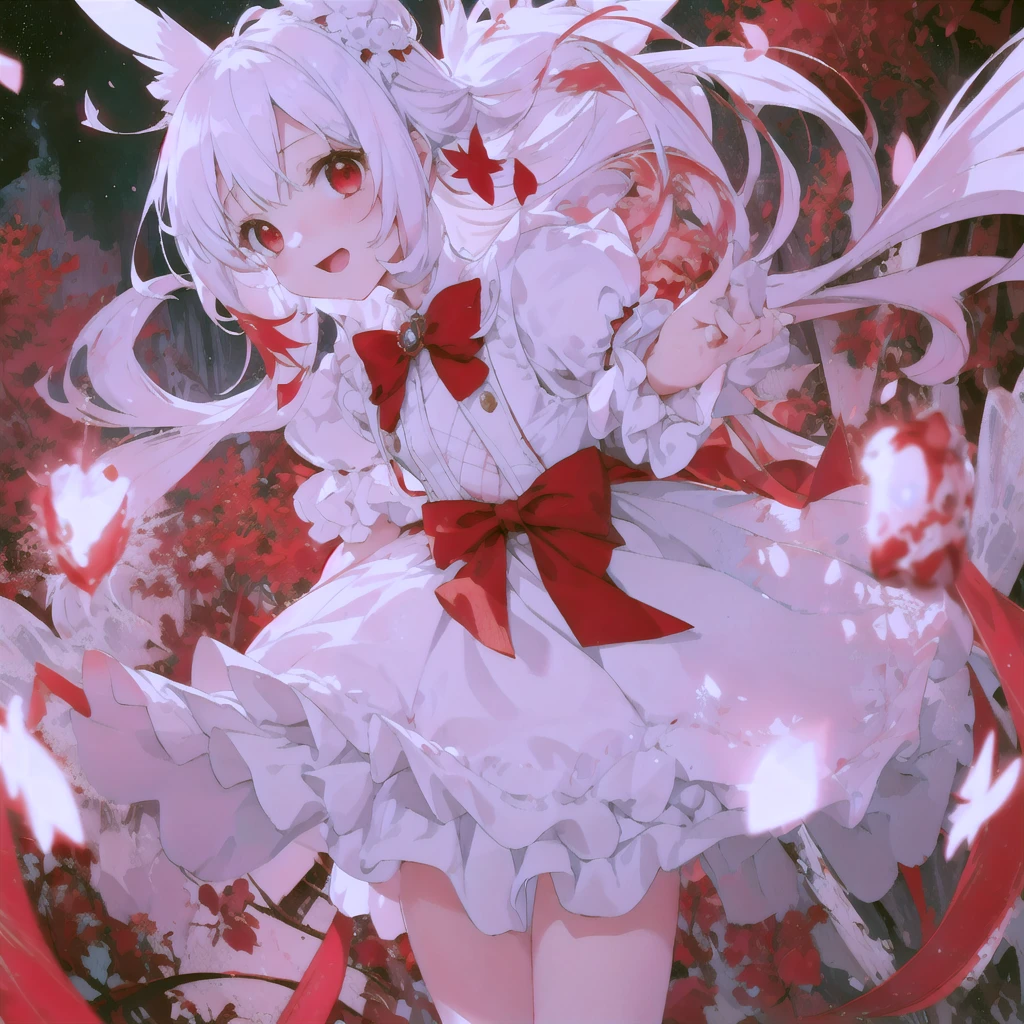 beautiful illustration, best quality, cute petit girl, (transform sequence), transform magical girl, chibi, white magical girl, fractal art, albino, babyface, long pure white and red mesh hair, beautiful detailed red eyes, cinematic lighting, cowboy shot, looking at viewer, from bottom, happy