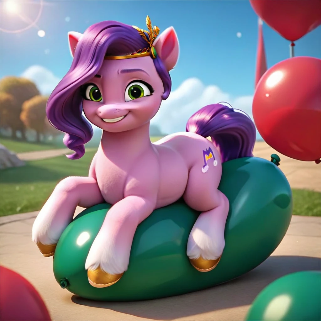 cinematic film still score_9, score_8_up, score_7_up, score_6_up, score_5_up, score_4_up, Digital art, cute,
Pipp Petals, earth pony, muscular, smirking, feral,
rating_questionable,
meadow,
(balloon fetish, looner, sitting on a balloon, balloon sitting:1.2),
(detailed balloon, one balloon, sitpop:1.3),
thick thighs, balloon fetish, sitting on a balloon, one balloon, too heavy,
(tied balloon, tight balloon, necked balloon:1.2),
foreshortening, depth of field, motion lines,
emphasis lines, impact emanata,
screencap, . shallow depth of field, vignette, highly detailed, high budget, bokeh, cinemascope, moody, epic, gorgeous, film grain, grainy