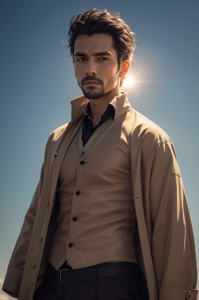 Uma foto original premiada，Um homem musculoso selvagem, (Papai de 40 anos:1.1), 1st grade, sozinho, (trenchcoat marrom), (camisa social preta), (ombros grandes), musculatura, restolho, barba curta, Olhos bonitos:1.3, ), (Rosto detalhado:1.3), wearing glasses, Sorrisos, Dynamic angle, Volumetric lighting, (best quality, A high resolution, fotorrealista), Cinematic lighting, master part, Foto RAW, detalhes intrincados, HDR, profundidade de campo, tiro na parte superior do corpo