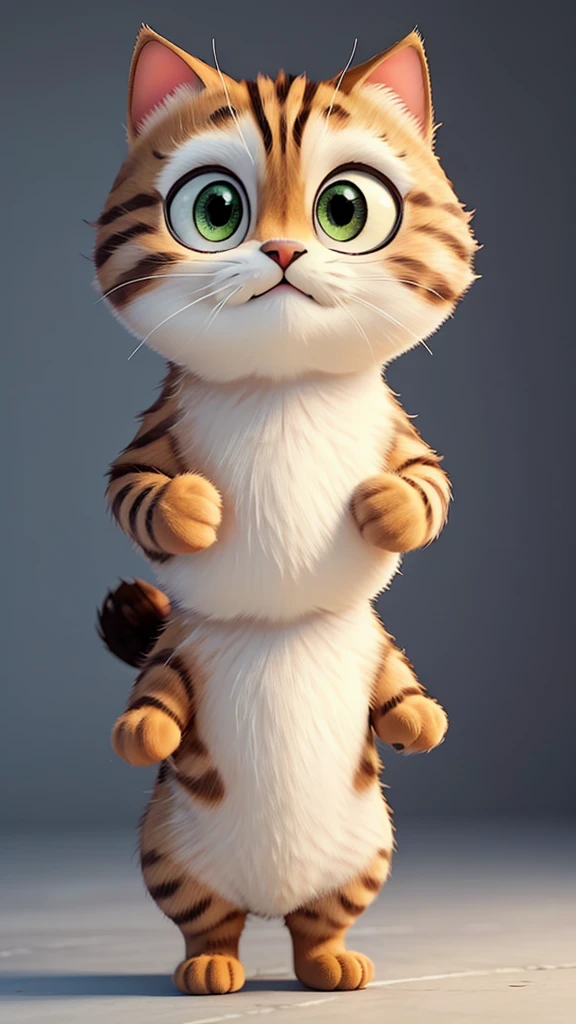 Create a standing cat with big eyes, cute sweet little arms.