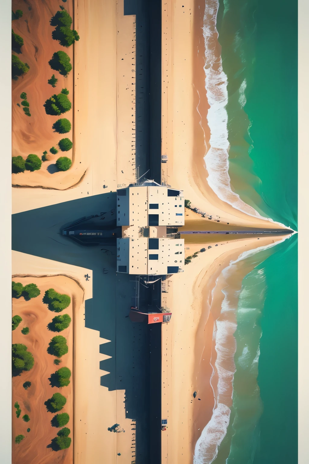 masterpiece, concept art, wide shot, a painting of a lifeguard tower on a beach, cinemascope panorama, coloured woodcut, southern california, vice city, la, anime keyframe, art print, view(full body + zoomed out), symmetrical framing, volumetric lighting, vibrant color, (epic composition, epic proportion), HD