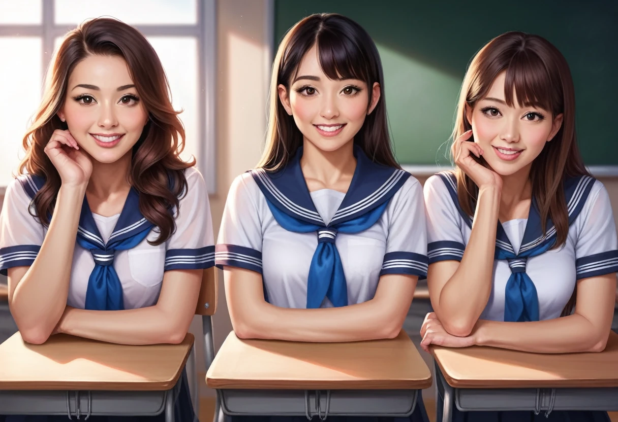 nsfw, Three Beautiful Girls Squirting from Their Pussies , beautiful detailed eyes, beautiful detailed lips, extremely detailed face, extremely detailed skin,dripping,  Multiple Asian beauties , photorealistic, 8k, masterpiece, ultra-detailed, realistic  ,Very happy expression, school classroom, 