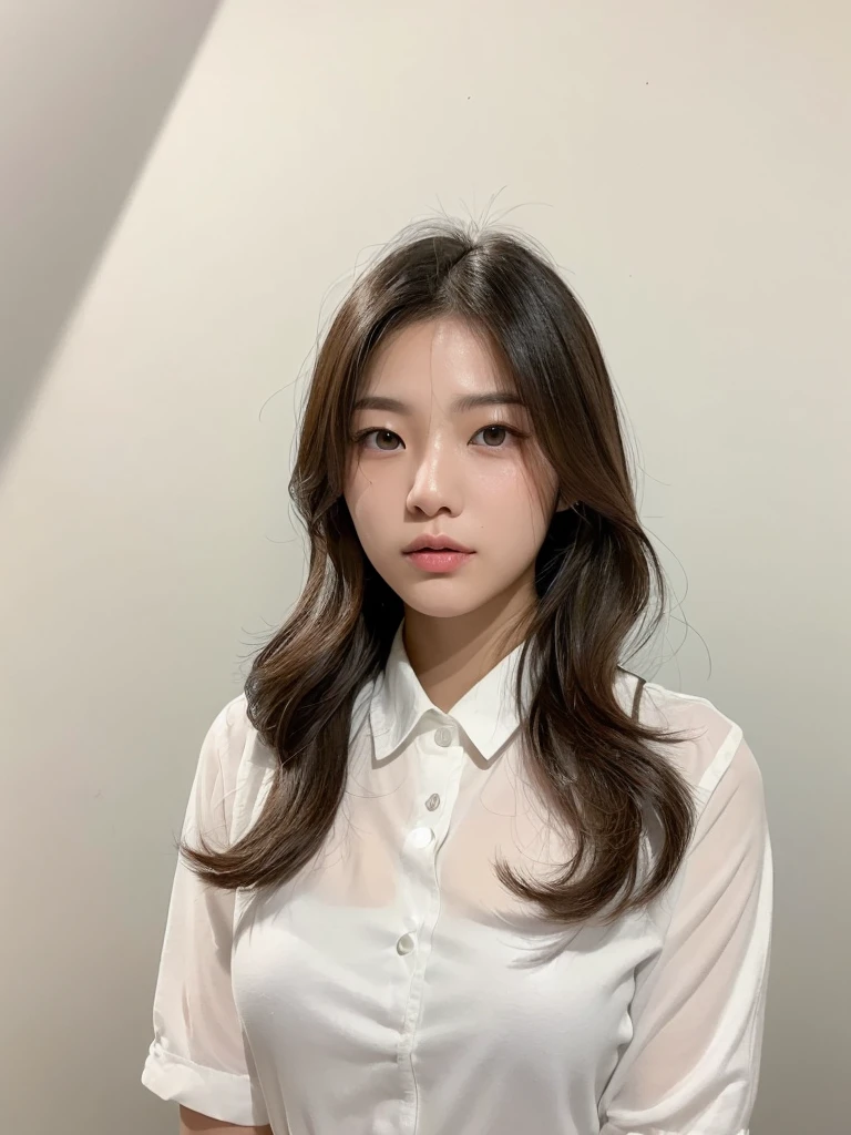 Best Quality, 8k, Masterpiece, (Portrait: 1.3), (photo realistic:1.4), (hyper realistic:1.4), Sharp Focus, looking at viewer, (smoother lighting:1.1), (increase cinematic lighting quality:0.9), realistic lighting, backlighting, light on face, ray trace, (brightening light:1.2), (Increase quality:1.4), sharp detail, (best quality real texture skin:1.4), finely detailed eyes, black_eyes, finely detailed face, 25 year old Korean woman, (white tube_top:1.4), (Create an image maintaining the original base model hairstyle:1.5)