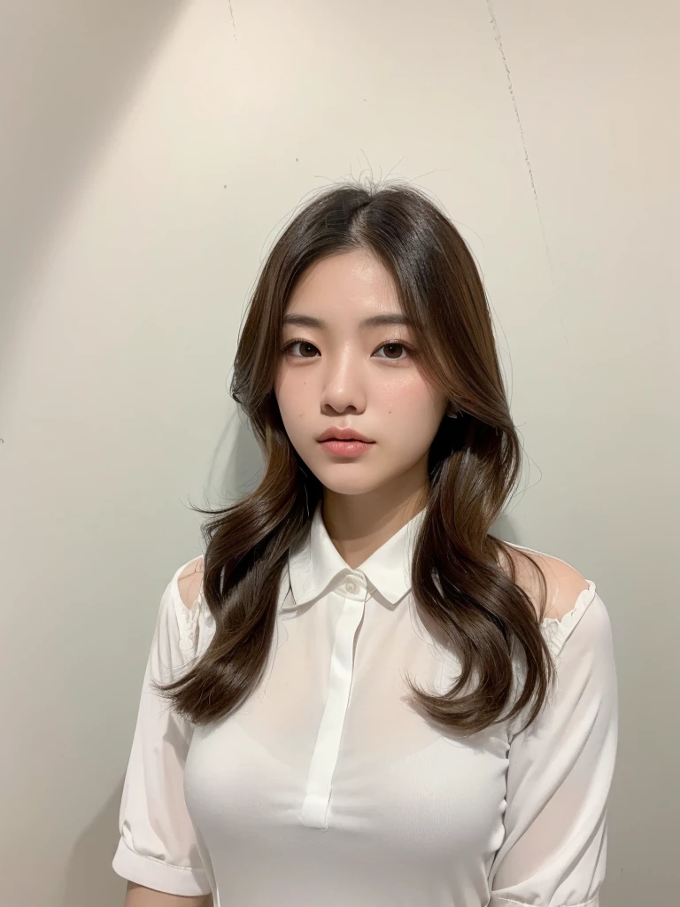 Best Quality, 8k, Masterpiece, (Portrait: 1.3), (photo realistic:1.4), (hyper realistic:1.4), Sharp Focus, looking at viewer, (smoother lighting:1.1), (increase cinematic lighting quality:0.9), realistic lighting, backlighting, light on face, ray trace, (brightening light:1.2), (Increase quality:1.4), sharp detail, (best quality real texture skin:1.4), finely detailed eyes, black_eyes, finely detailed face, 25 year old Korean woman, (white tube_top:1.4), (Create an image maintaining the original base model hairstyle:1.5)