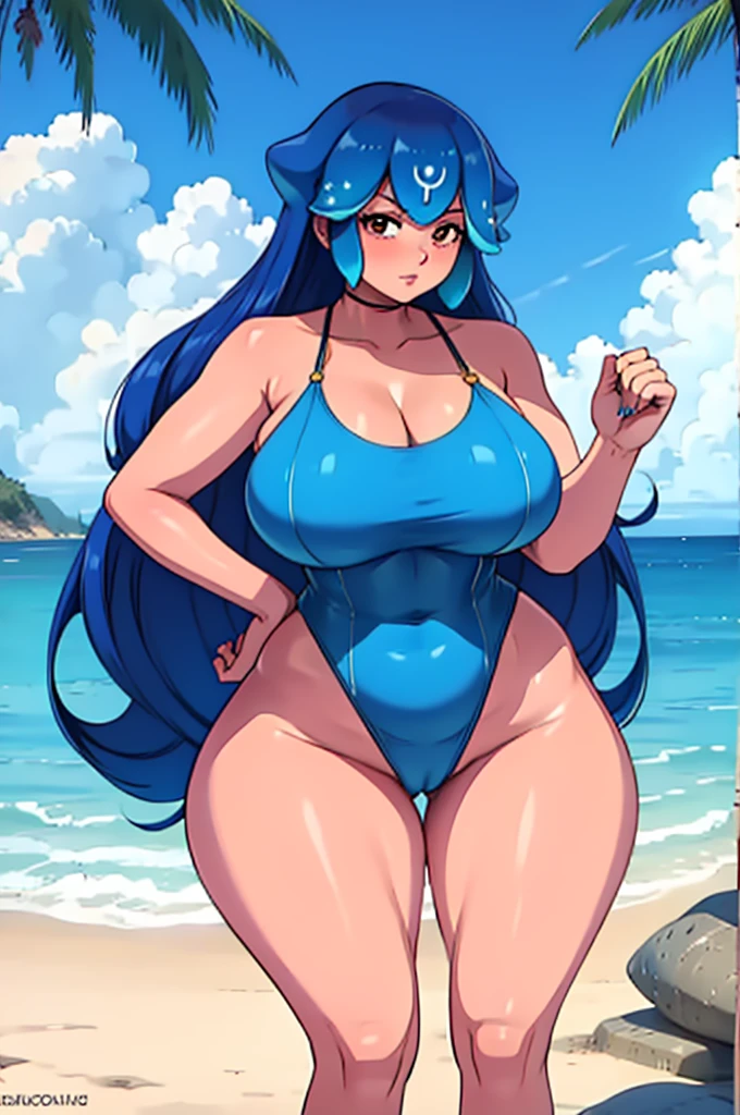 1woman, Bao, soft, curvy, wide hips, large breasts, on the beach, beautiful one piece swimsuit. blue hair. wide hips ,thick thighs, bottom heavy.