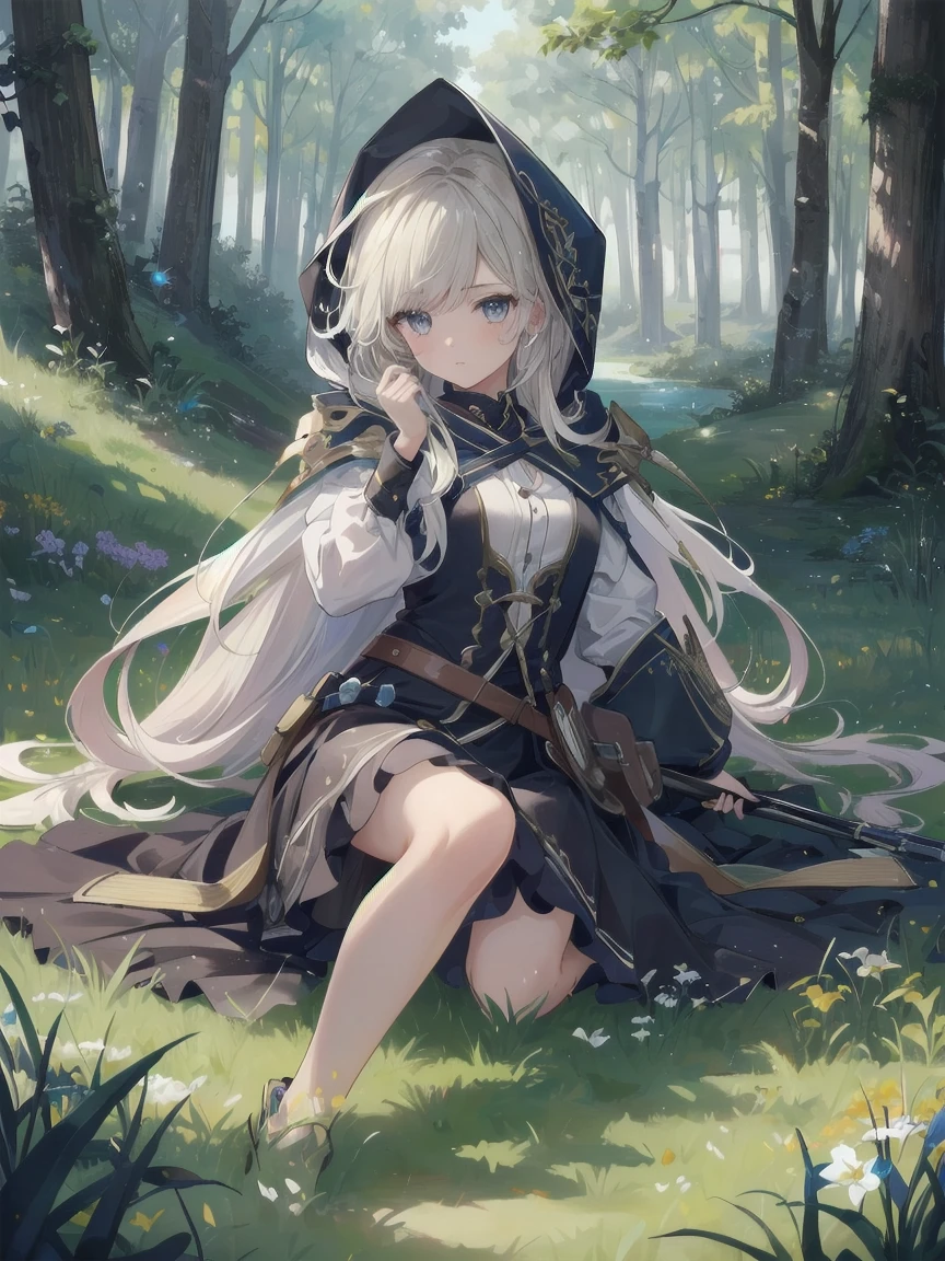 (masterpiece, top quality, top quality, official art, beautiful and aesthetically pleasing: 1.2), 1 girl, One, marquise, seeker of adventures, hood, meadow, detailed background, otherworldly fantasy with stunning modeling and highly detailed writing, one of the most powerful battle scenes, deep and detailed background, Sweet and beautiful girl, creative cute girls, creative posing