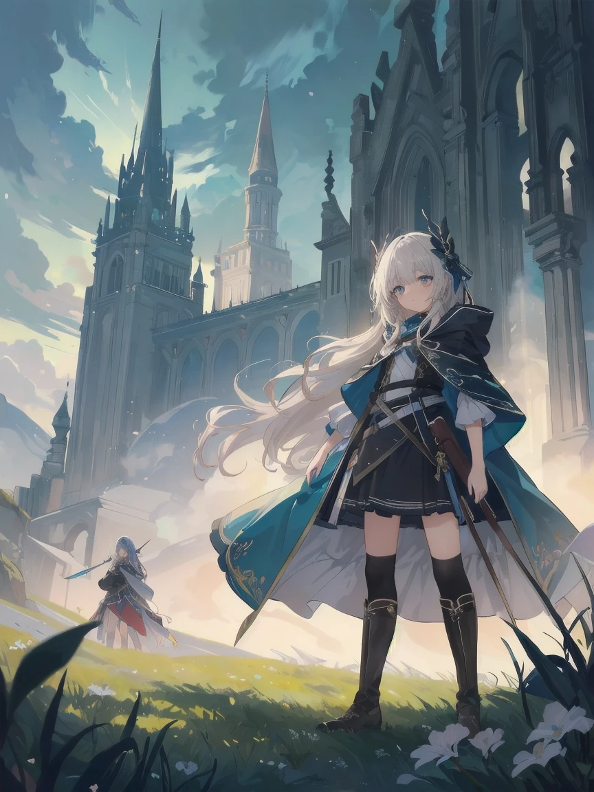(masterpiece, top quality, top quality, official art, beautiful and aesthetically pleasing: 1.2), 1 girl, One, marquise, seeker of adventures, hood, meadow, detailed background, otherworldly fantasy with stunning modeling and highly detailed writing, one of the most powerful battle scenes, deep and detailed background, Sweet and beautiful girl, creative cute girls, creative posing