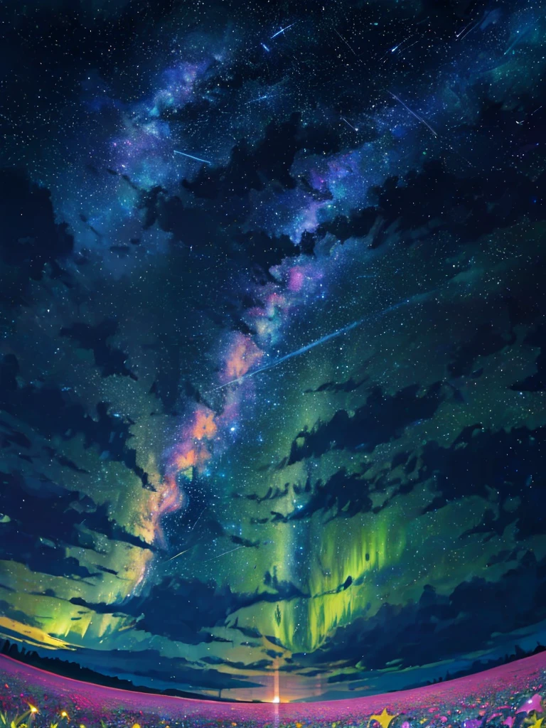 ((background only)) , masterpiece , best quality , detailed, blurry,(zoomed out:1.1), (meteor shower:1.2), (comet:1.1), low angle, from behind, aurora borealis, shooting star, surrounded by flowers petals, standing in a field, best quality, masterpiece, cloud, colorful, starry, stars