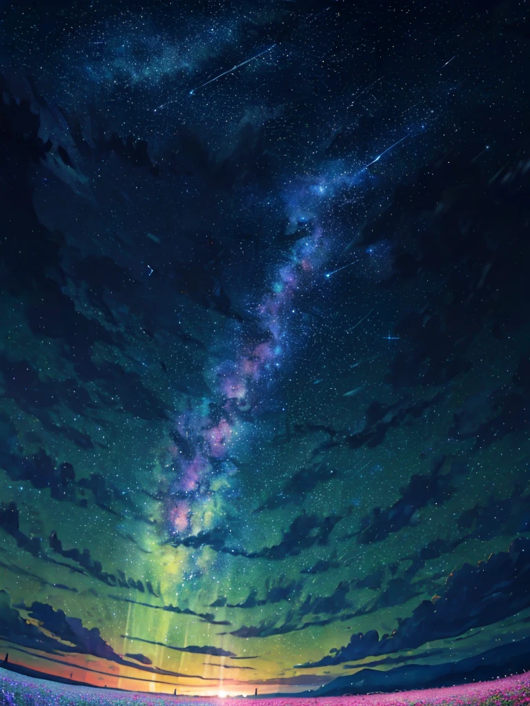 ((background only)) , masterpiece , best quality , detailed, blurry,(zoomed out:1.1), (meteor shower:1.2), (comet:1.1), low angle, from behind, aurora borealis, shooting star, surrounded by flowers petals, standing in a field, best quality, masterpiece, cloud, colorful, starry, stars
