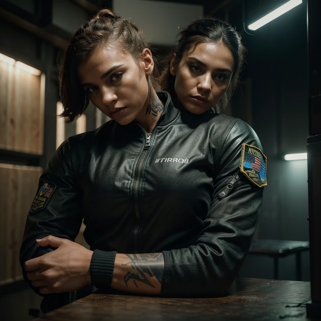 muscular woman, woman with muscular body, female bodybuilder, athletic woman, woman with toned muscles, strong female character, powerful woman, amazon warrior, woman in bomber jacket, woman in military outfit, woman in combat gear, woman in futuristic outfit, woman in post-apocalyptic setting, woman with cyberpunk aesthetic, woman with dark makeup, woman with tattoos, woman with scars, woman with intense gaze, woman with determined expression, intricate details, hyper realistic, photorealistic, cinematic lighting, dramatic shadows, vibrant colors, neon lights, gritty atmosphere, digital art, concept art, masterpiece, (best quality, 4k, 8k, highres, masterpiece:1.2), ultra-detailed, (realistic, photorealistic, photo-realistic:1.37), HDR, UHD, studio lighting, ultra-fine painting, sharp focus, physically-based rendering, extreme detail description, professional, vivid colors, bokeh