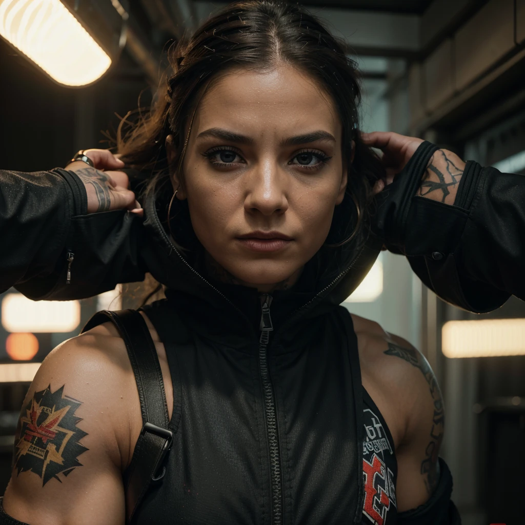 muscular woman, woman with muscular body, female bodybuilder, athletic woman, woman with toned muscles, strong female character, powerful woman, amazon warrior, woman in bomber jacket, woman in military outfit, woman in combat gear, woman in futuristic outfit, woman in post-apocalyptic setting, woman with cyberpunk aesthetic, woman with dark makeup, woman with tattoos, woman with scars, woman with intense gaze, woman with determined expression, intricate details, hyper realistic, photorealistic, cinematic lighting, dramatic shadows, vibrant colors, neon lights, gritty atmosphere, digital art, concept art, masterpiece, (best quality, 4k, 8k, highres, masterpiece:1.2), ultra-detailed, (realistic, photorealistic, photo-realistic:1.37), HDR, UHD, studio lighting, ultra-fine painting, sharp focus, physically-based rendering, extreme detail description, professional, vivid colors, bokeh