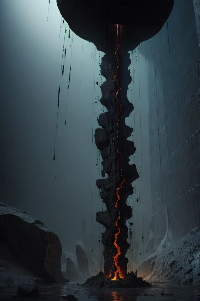 A huge deep abyss made of black stone, incandescent magma, phosphorescent radioactive mineral, it ends in the bottom with a living organic obscurity, abysssanctum, procreation of the wicked, synthetic grotesque,highly detailed, 4k resolution, masterpiece, 3d modelling,digital art, Da Vinci art