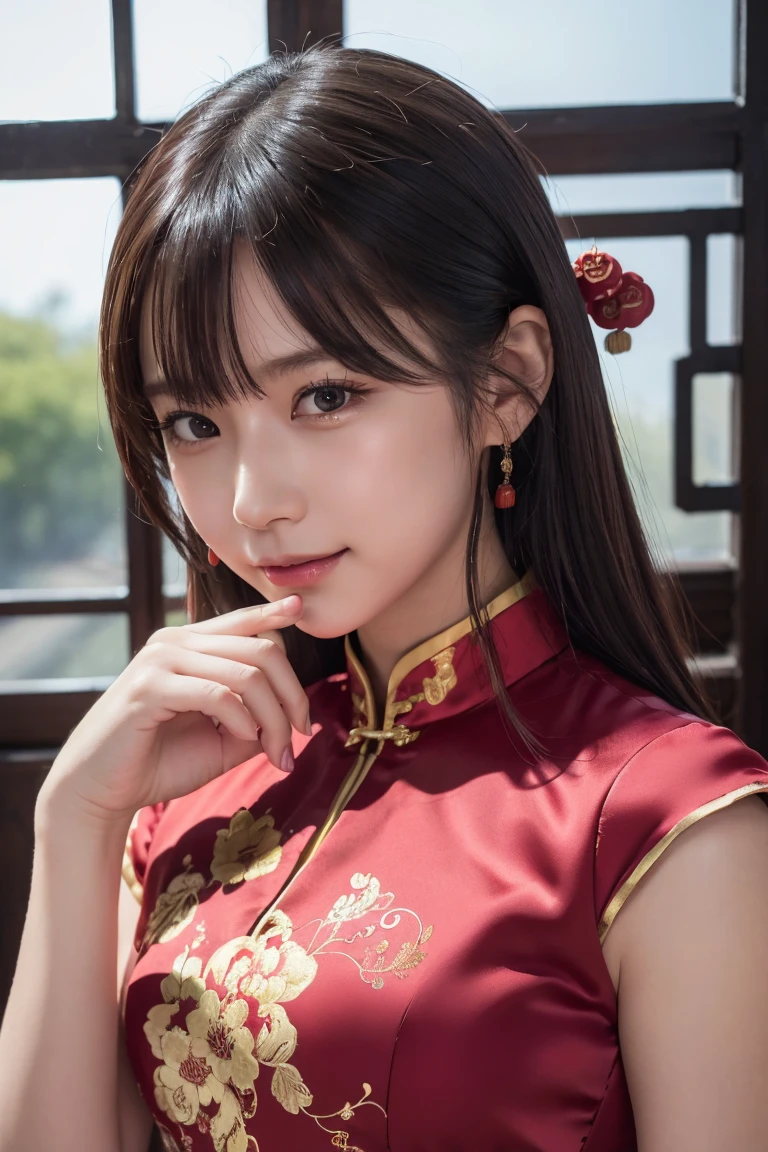 ((China dress:1.3)), Skin color, big , smile, (8K, RAW Photos, Highest quality, masterpiece:1.2), masterpiece, super detailed, super high quality, (Realistic and photorealistic photography:1. 37), High-resolution RAW color photos, Very delicate and beautiful, highly detailed, 8K壁紙, wonderful, detailed, Very eye, very detailed, very detailed skin, very thin fingers, very detailed nose, very detailed mouth, Perfect Anatomy, Upper Body, Transparency, small , Nogizaka idol, Korean Idol, idol carving'stop temporarily, 18-year-old, cheap, Cafe, restaurant, Italy, deer, Australia, break ((Upward glance)), ((angle From above: 1. 3)), From above, Looking into the camera,