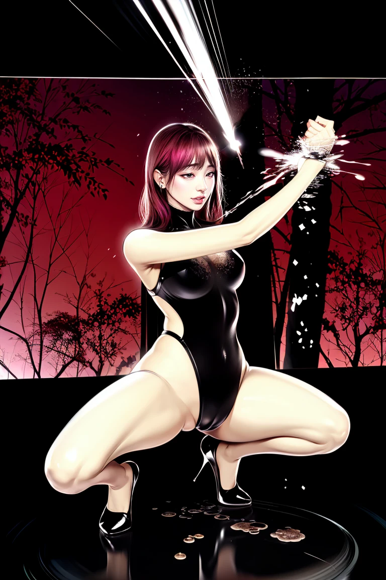 comic storyboard:2, axially symmetrical:2,1 beautiful korean lady in a sexy leotard and sexy leggings,solo,legging chain, holding hiny, with a smile, skewering many sausages with metal sticks and drenched with white cream, front view, fullbody, ((Best quality)), ((Masterpiece)), ((Realistic)),UHD,rich background, film shooting, depth of field, Super visual, touch of supernatural horror, insanely terrifying masterpiece,Pink cave, flowing white sticky lotion, flowing down in strands,,body glow,Glowing Line,fluorescence,Glow Example,Tracking example,flash, Backlight,translucent,light particles,Strange schizophrenic imagery fills the room, showing an eerie blood-red starry sky pattern and the walls are liquid ,femdom,sounding,cbt,hold,smile,colorful,leggings,thin gap,cameltoe,insertion,trembling,juice,spray, Long hair,Lace top,Sexy, Shiny leggings, High heel,cleveage, trampling, in forest, saliva , Mucus