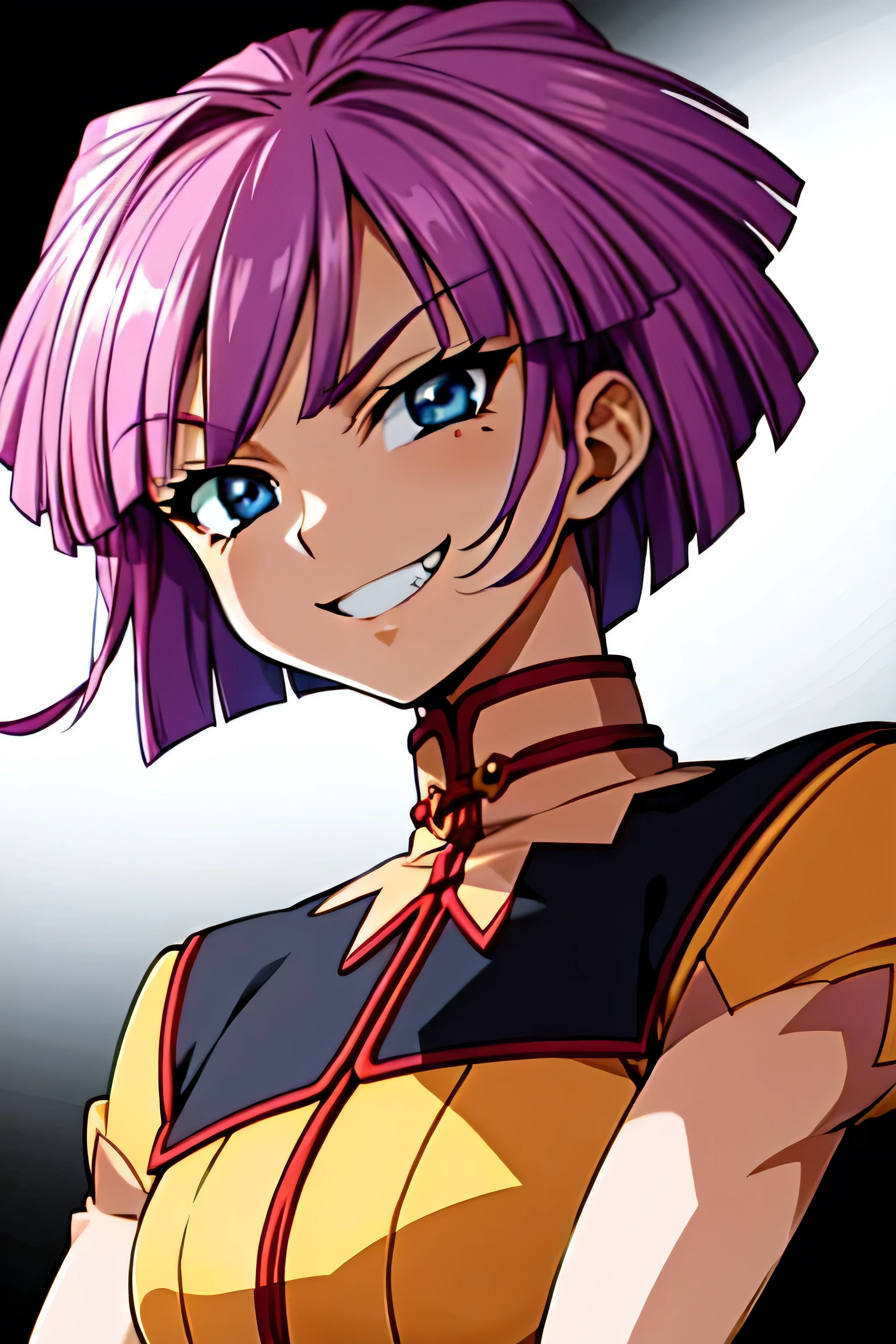 (best_quality 4K, 8K, High resolution, Masterpiece: 1.2), ultra detailed),from_below,(anime_screencap),(1girl,solo),dynamic_angle,too evil_smile,too evil laugh at,tis,deep dark_face,too sadistic,smile worst,,bob short hair,,,looking at viewer,upper body,black background,