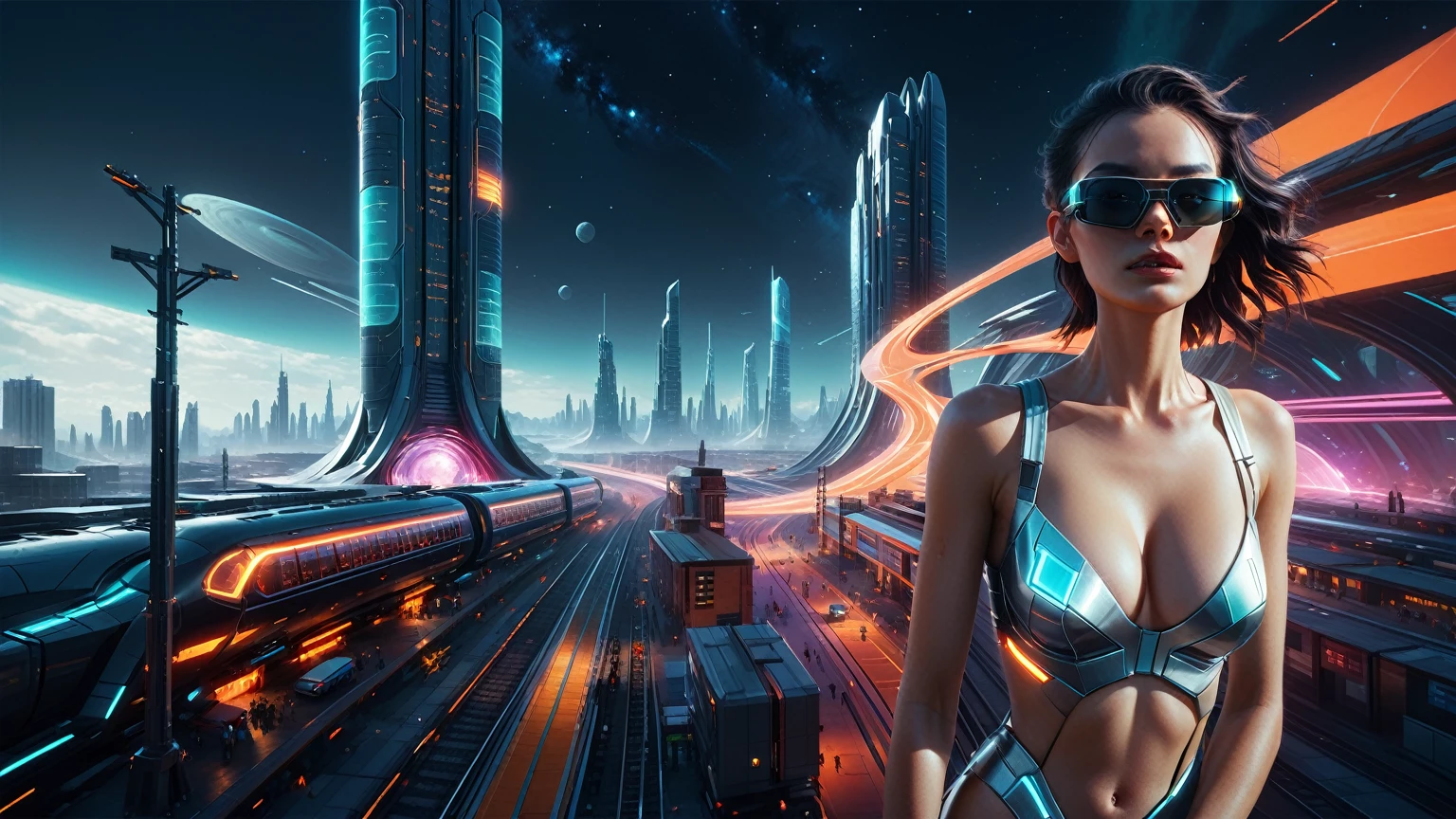 Brightly colored abstract aerial view image of a (((((futuristic railway station))))) with a spiral, a (((futuristic all-glass train))) passing by, epic beautiful space sci-fi, chaotic cinematic space rift, Greg Beeple, planets colliding, Beeple and Tim Hildebrandt, Beeple and Jean Giraud, end of the universe, (((giant glass lion sculpture))), galaxy space sci-fi, ringworld, by Mike "Beeple" Winkelmann. Matrix style, (((Matrix cascading code))), (((a futuristic twin tower skyscraper with a unique twisted design))), (((OLED GUI interfaces in the building))), at night, (((((1girl, solo))))), photo realistic, (((((((large-breast:1.2 body, cleavage:1.4))))))), (((((off broken mini sling-shirt and black sling bra, extreamly short pleated miniskirt exposing panty))))), (((((running pose))))), (((((((matrix style black micro sunglasses))))))), ((((((((((aiming with a short gun)))))))))), (((((looking at camera))))), (((very low view))), (((((half-body thigh level medium shot))))), (((cinematic lighting))).