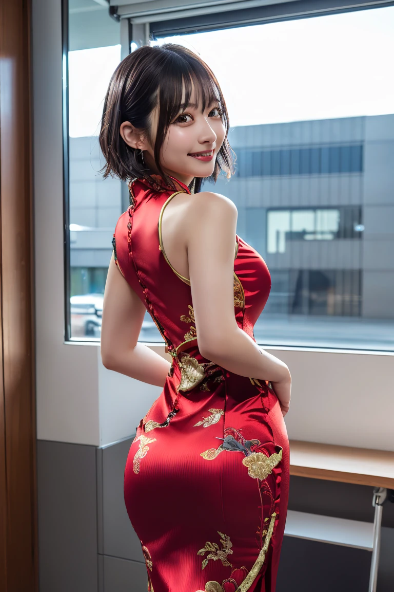 (Highest quality, 8K, 32k, masterpiece, Ultra-high resolution: 1.2), 1 Girl, Beautiful Japanese Women, Tight waist, ((China dress:1.3)), OL, From the back, office, mechanical, (Protruding buttocks: 1.2), Detailed face, short hair, Korean Idol, Nogizaka idol, actress, idol carving, Android, cute, smile