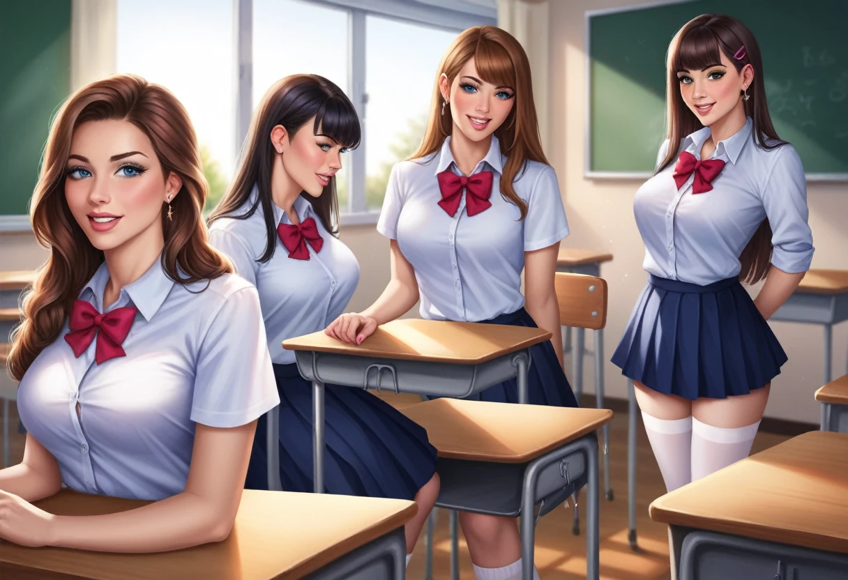 nsfw, (Three Beautiful Girls Squirting from Their Pussies:1.37) , beautiful detailed eyes, beautiful detailed lips, extremely detailed face, extremely detailed skin,dripping, Multiple Asian beauties , photorealistic, 8k, masterpiece, ultra-detailed, realistic ,Very happy expression, school classroom,