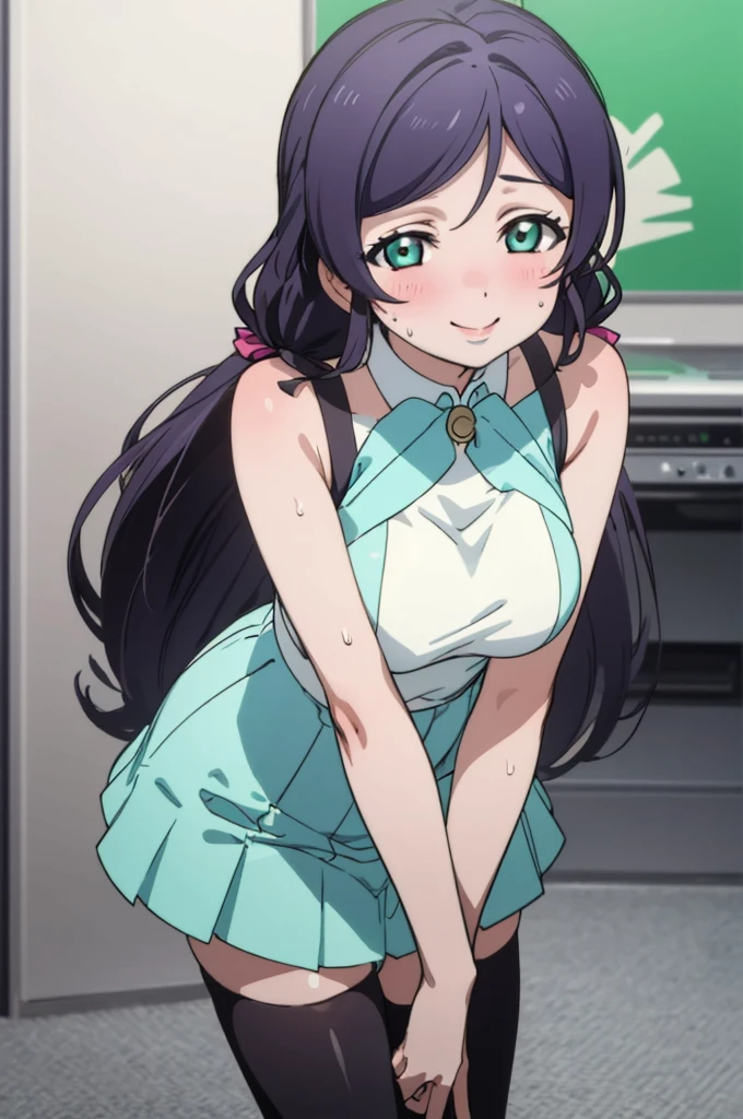 (masterpiece, best quality), 1girl,    nozomi toujou,huge breasts,idol costume,,sweating,sleeveless,thighhighs,miniskirt,looking viewer,smile,1piece dress,lean forward,,squeeze huge breasts