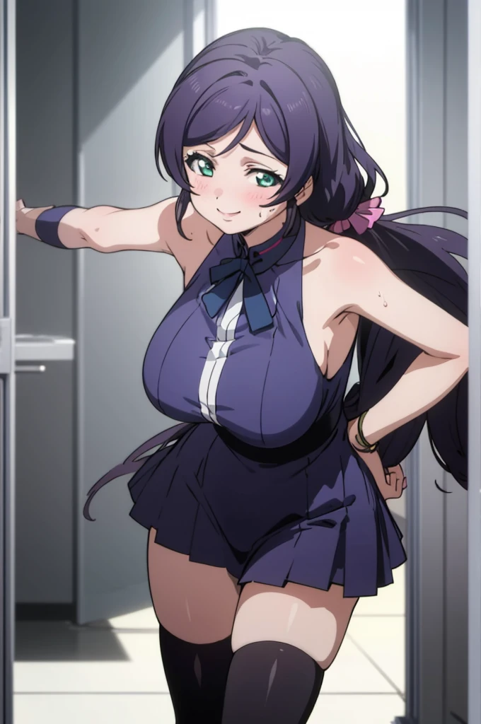 (masterpiece, best quality), 1girl,    nozomi toujou,huge breasts,idol costume,,sweating,sleeveless,thighhighs,miniskirt,looking viewer,smile,1piece dress,lean forward,,squeeze huge breasts