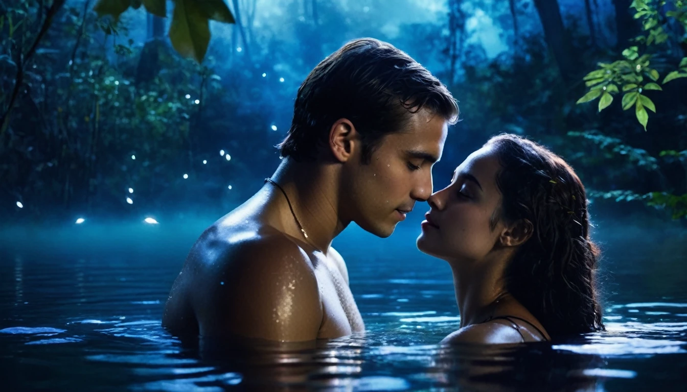 A three quarter view, realistic and romantic photo of a young couple, swimming on the lake at night, looking at each other, the male is touching the female's cheek. The light source is moonlight and fireflies around them. The background is a forest with glowing blueish plants like in the movie "Avatar". Cinematic soft lighting. There is some mist on the lake.