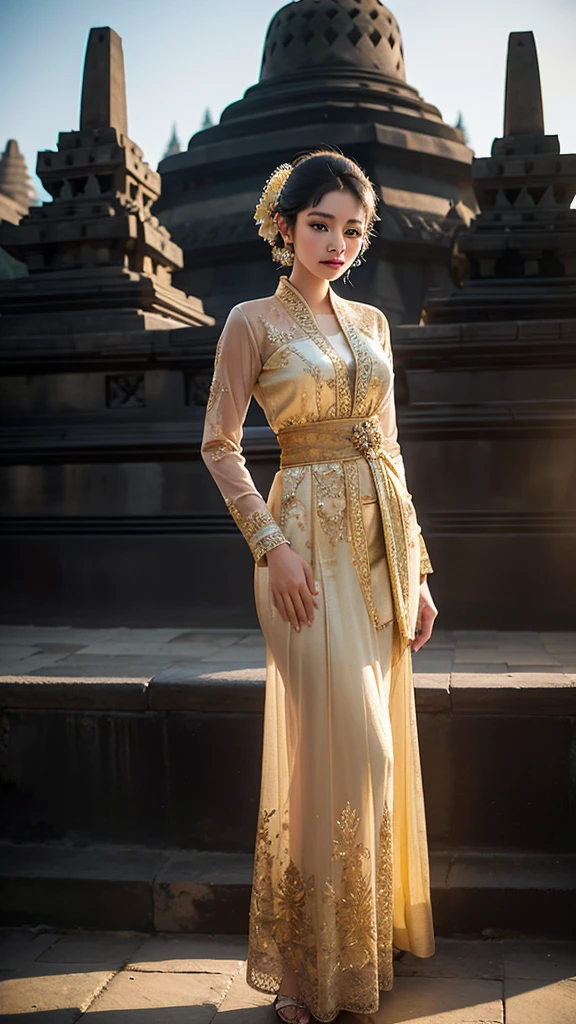 Photograph a beautiful woman in a traditional Javanese kebaya standing gracefully in front of Borobudur Temple, with the ancient stupas in the background illuminated by the soft morning light.