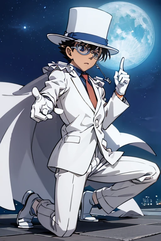 masterpiece,4K,white suit,silk hat,((1 boy)),detective conan-kaitou kid,white cape,white leather shoes,white gloves,rooftop,moon night,pointing a gun,kneeling,monocle,detailed face