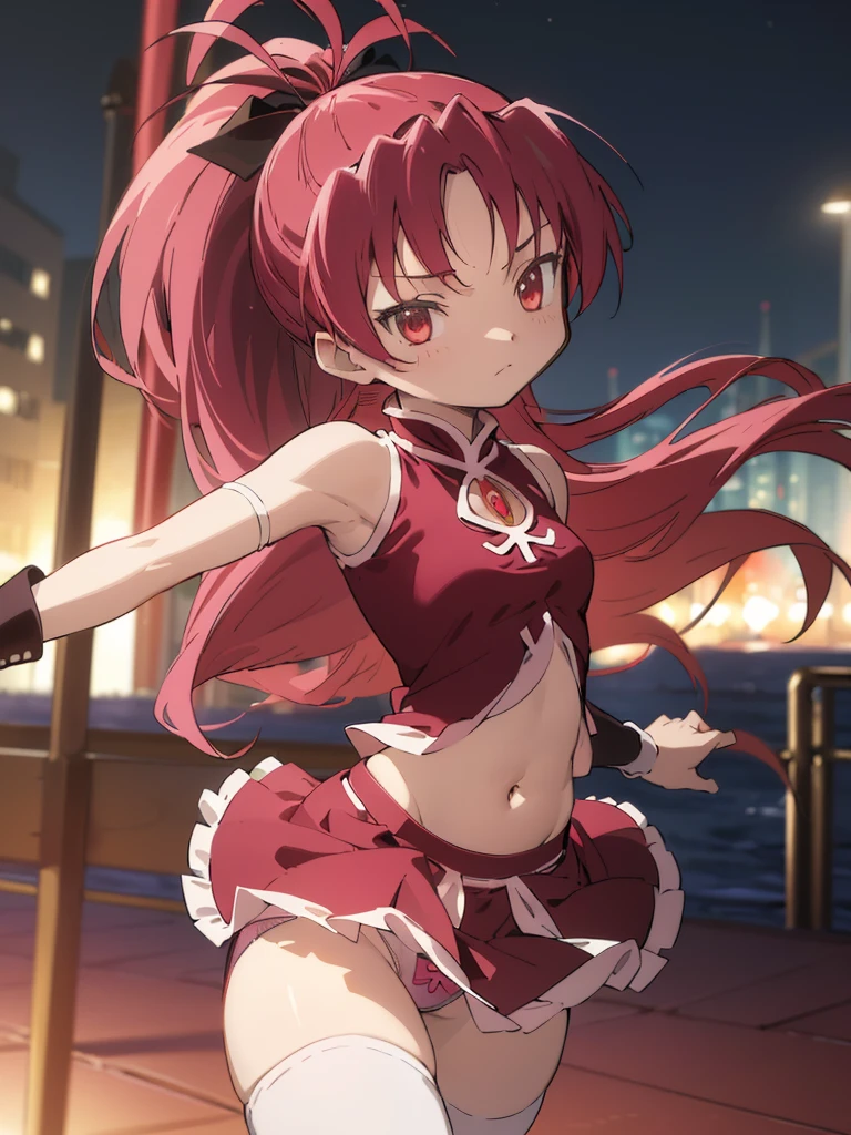 (best quality, masterpiece:1.2), ultra detailed, 1girl, sakura kyouko, red hair, ponytail, long hair, small breasts,
looking at viewer, armpit,(((up skirt,panties)))
magical girl, sleeveless, cutout, navel,outdoor,night