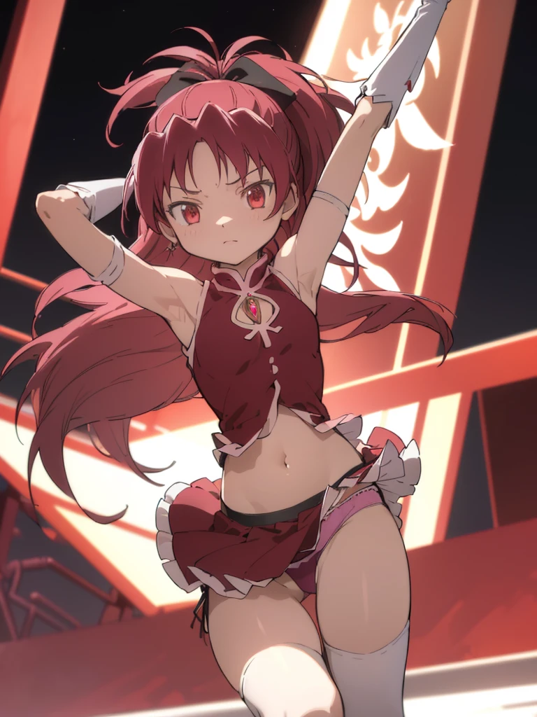 (best quality, masterpiece:1.2), ultra detailed, 1girl, sakura kyouko, red hair, ponytail, long hair, small breasts,
looking at viewer, armpit,(((up skirt,panties)))
magical girl, sleeveless, cutout, navel,outdoor,night