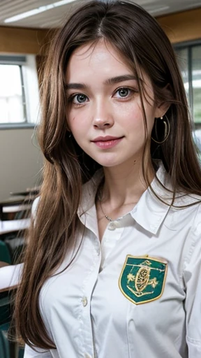 White woman, 35 years old, Brown hair, long hair, messy hair, Nice face, simetric face, Green eyes, Nice body, student uniform, smile, earrings