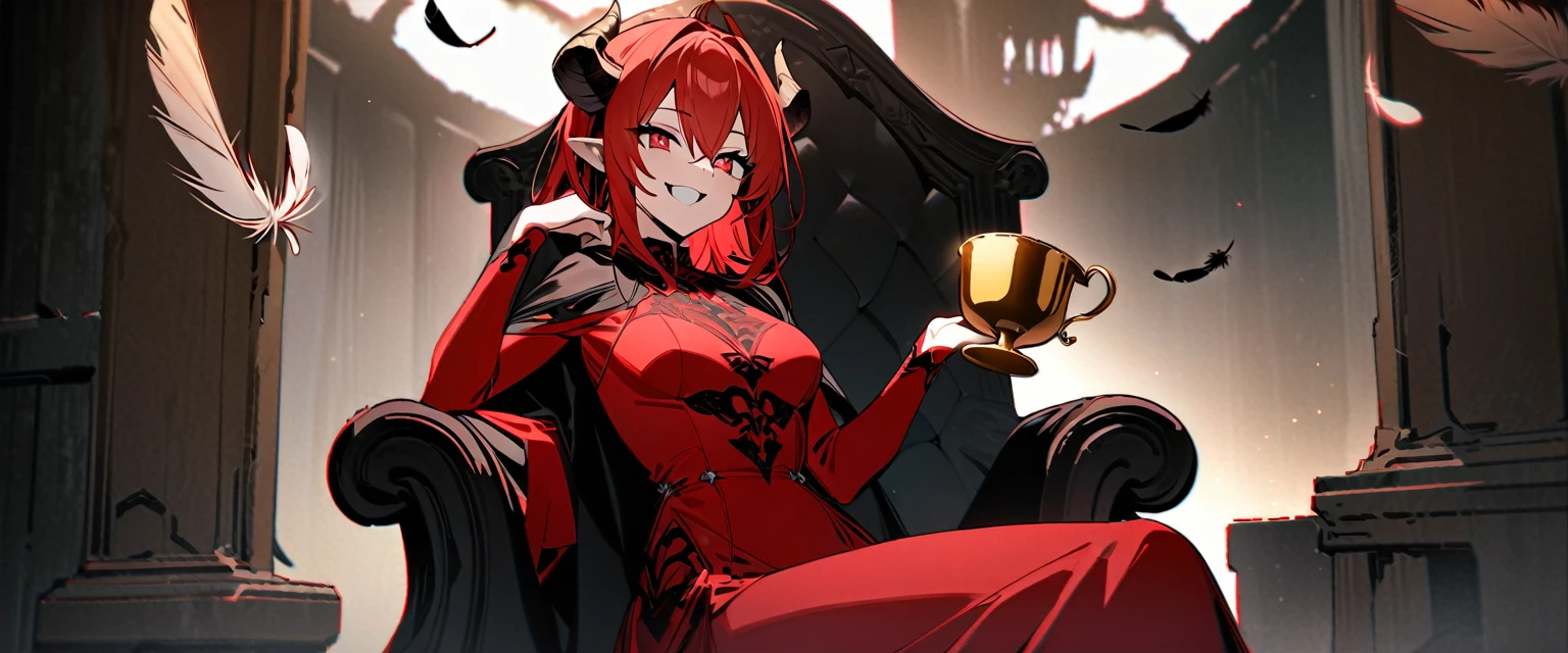 (((masterpiece,Highest quality))),((Smiling red-haired demon anime girl wearing a red one-piece dress and holding a golden cup while sitting on a throne)),((Feathers and horns)),((The golden cup is overflowing with poison)),((A throne in the wilderness of the dead,Evil Laugh)),アニメ,b3ks1n