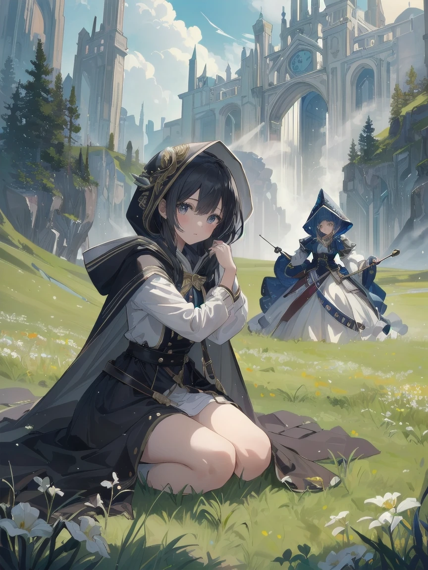 (masterpiece, top quality, top quality, official art, beautiful and aesthetically pleasing: 1.2), 1 girl, One, marquise, seeker of adventures, hood, meadow, detailed background, otherworldly fantasy with stunning modeling and highly detailed writing, one of the most powerful battle scenes, deep and detailed background, Sweet and beautiful girl, creative cute girls, creative posing
