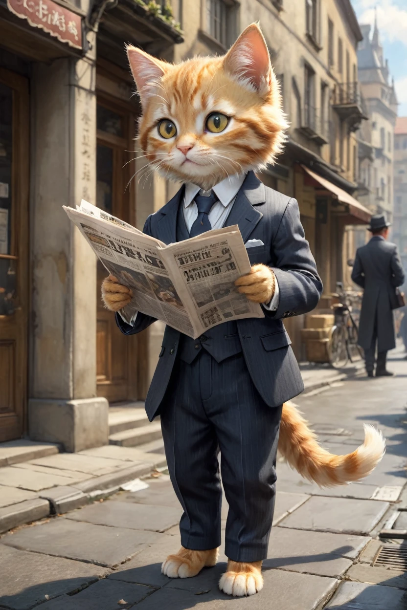 small, かわいいbornき物, Wearing a suit,Wearing suit pants, whole body, , Are standing, Costumes, Reading the Newspaper Fantasy Art, Exquisite detail, Jean-Baptiste Monge Style, Building district、Alan Lee Style, Anthropomorphic yellow-eyed tabby furry kitten, Movie Scenes, Dramatic shot angles, , Realistic, born々Amazing cinematic photorealism, Action Portrait, 8K, detailed, Full Frame