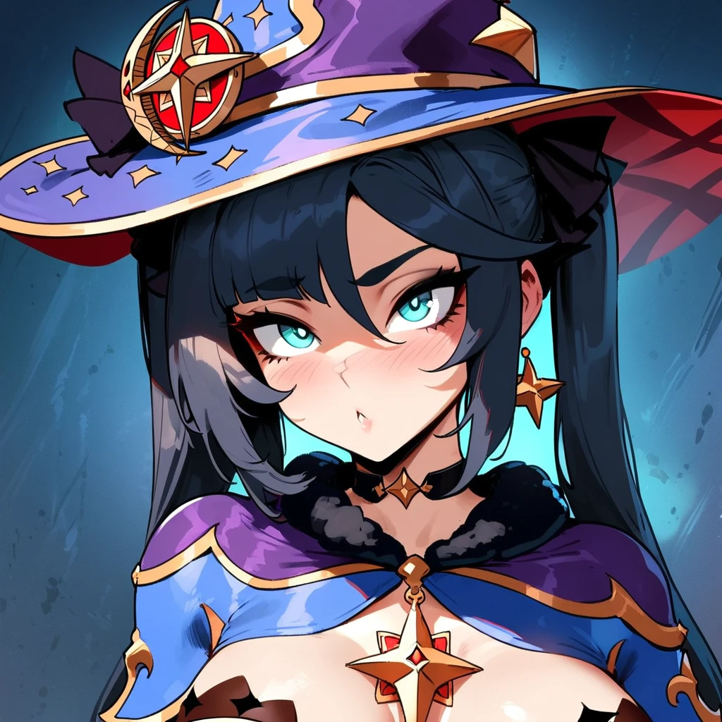 1girl, mona \(genshin impact\), genshin impact \\\\\ masterpiece, best quality, very aesthetic, absurdres, newest \\\\\\ slim body,///// ,by nyantcha,cutesexyrobutts , by khyle,,////// ,,solo,, , ,,detailed face, , ,, , , wallpaper, , beautiful face, sexy, , blush, , space background, big tits, hat, portrait