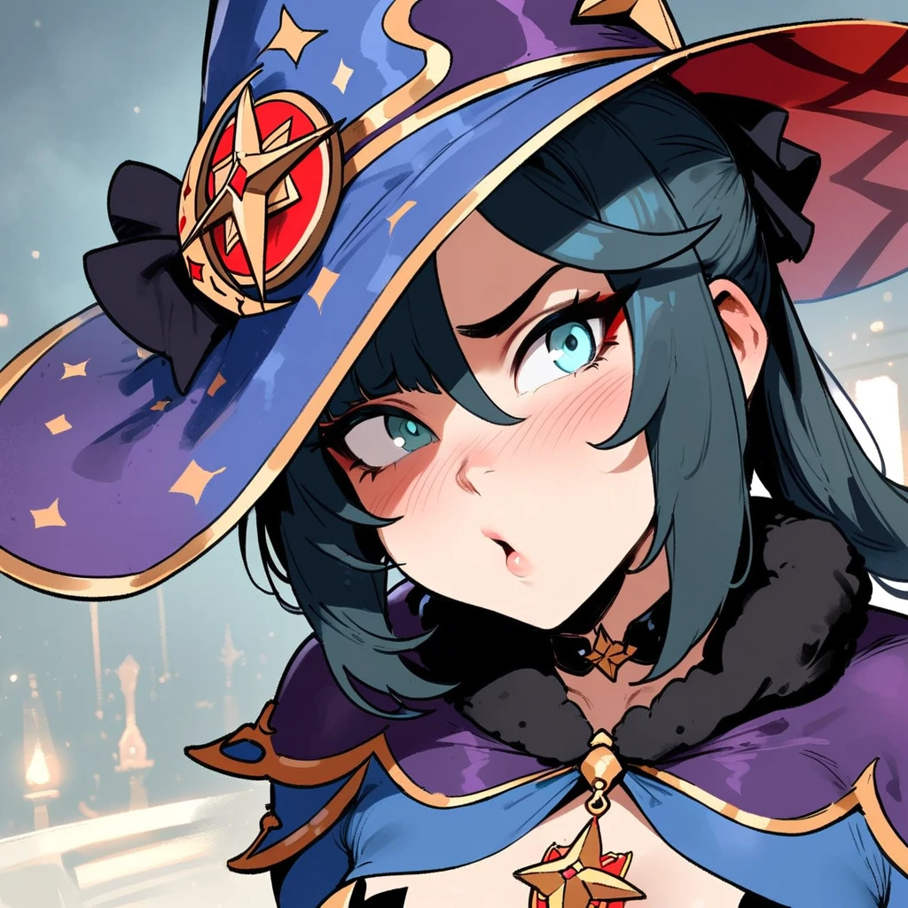 1girl, mona \(genshin impact\), genshin impact \\\\\ masterpiece, best quality, very aesthetic, absurdres, newest \\\\\\ slim body,///// ,by nyantcha,cutesexyrobutts , by khyle,,////// ,,solo,, , ,,detailed face, , ,, , , wallpaper, , beautiful face, sexy, , blush, , space background, big tits, hat, portrait
