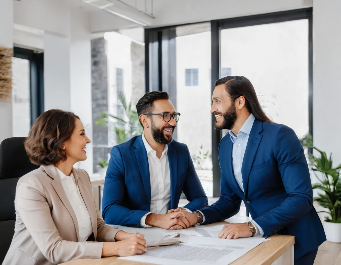 A husband and wife meet their real estate agent at the office