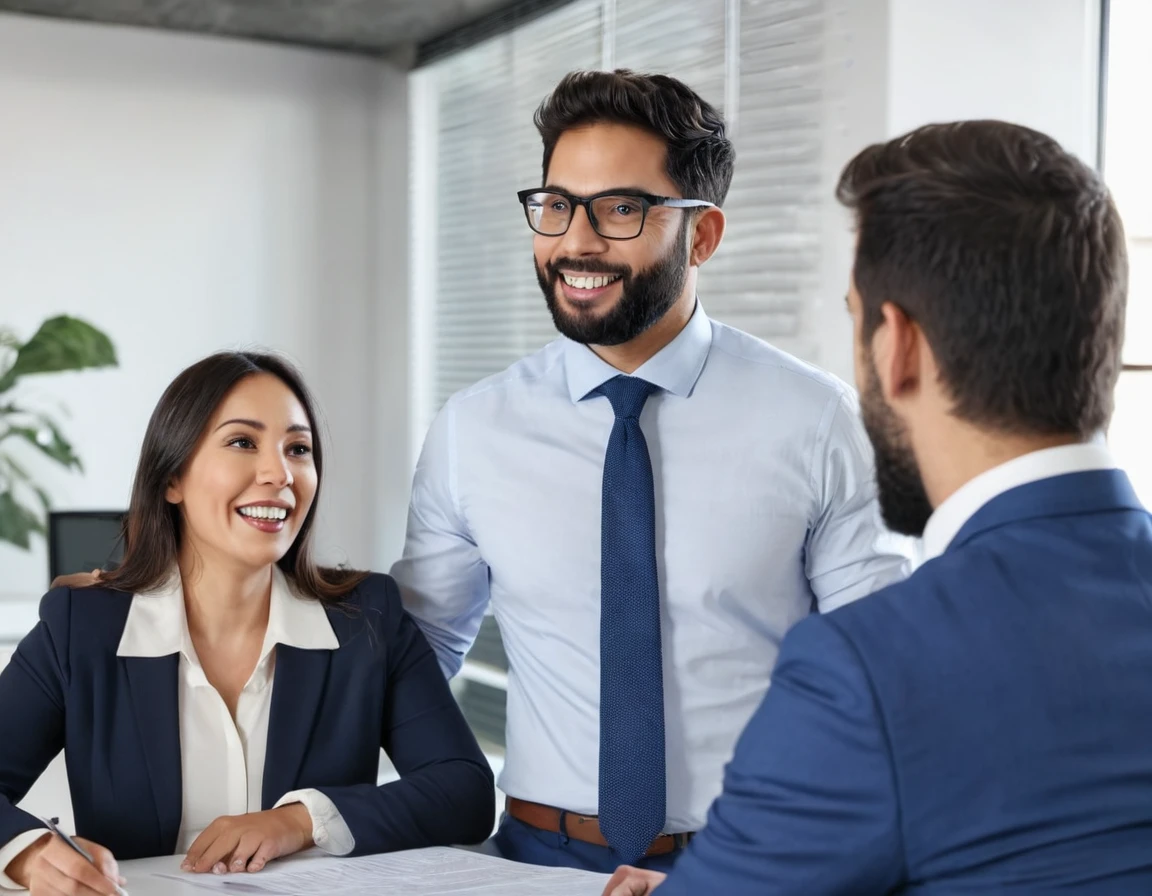 A husband and wife meet their real estate agent at the office