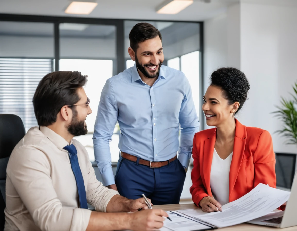 A husband and wife meet their real estate agent at the office