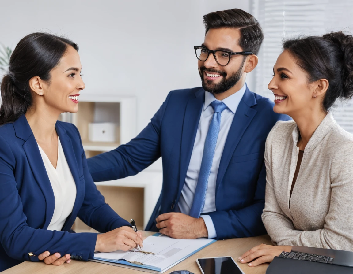 A husband and wife meet their real estate agent at the office