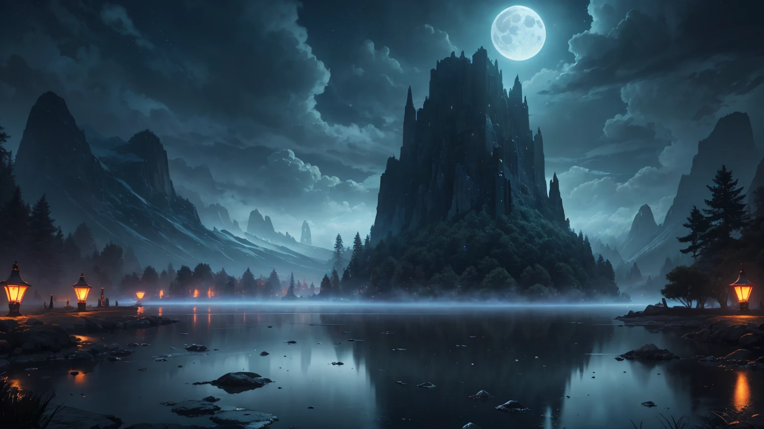 Craft an award-winning image by infusing subtle details: enhance the moon's radiance to cast a gentle glow on the landscape below, creating a captivating interplay of shadows. Add a touch of ethereal mist around the edges, heightening the mystique. Optimize the composition to highlight the seamless integration of the neon lights, clouds, and water droplets, achieving a perfect balance that draws the viewer into this dreamlike realm. Ensure meticulous attention to color grading, accentuating the contrast between the vivid neon tones and the deep, rich darkness of the night. This AI-generated masterpiece captures a harmonious blend of fantasy and reality, setting a new standard in visual storytelling."