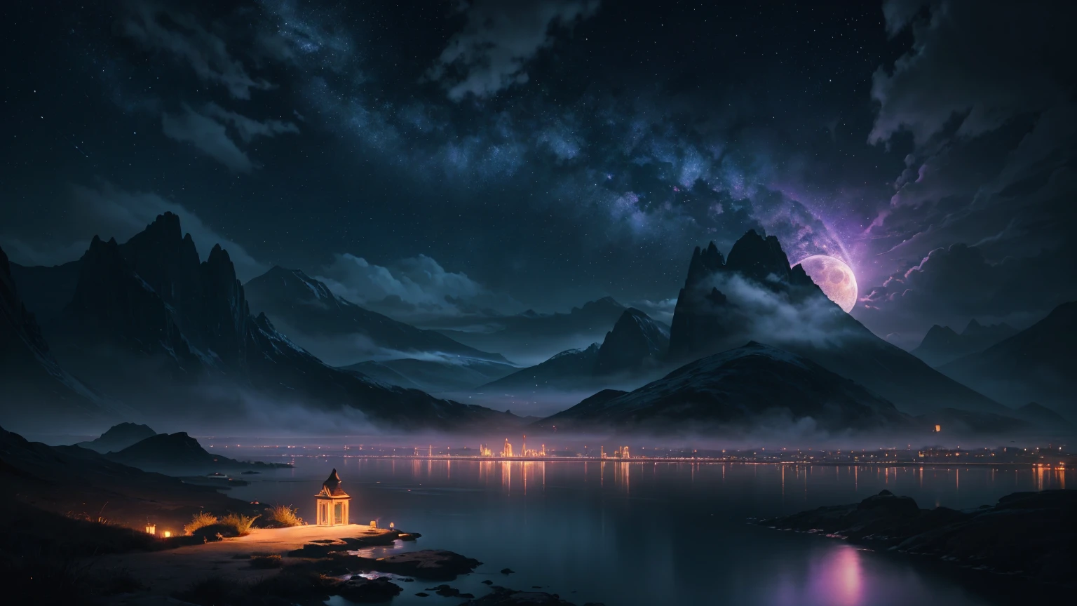 Craft an award-winning image by infusing subtle details: enhance the moon's radiance to cast a gentle glow on the landscape below, creating a captivating interplay of shadows. Add a touch of ethereal mist around the edges, heightening the mystique. Optimize the composition to highlight the seamless integration of the neon lights, clouds, and water droplets, achieving a perfect balance that draws the viewer into this dreamlike realm. Ensure meticulous attention to color grading, accentuating the contrast between the vivid neon tones and the deep, rich darkness of the night. This AI-generated masterpiece captures a harmonious blend of fantasy and reality, setting a new standard in visual storytelling."
