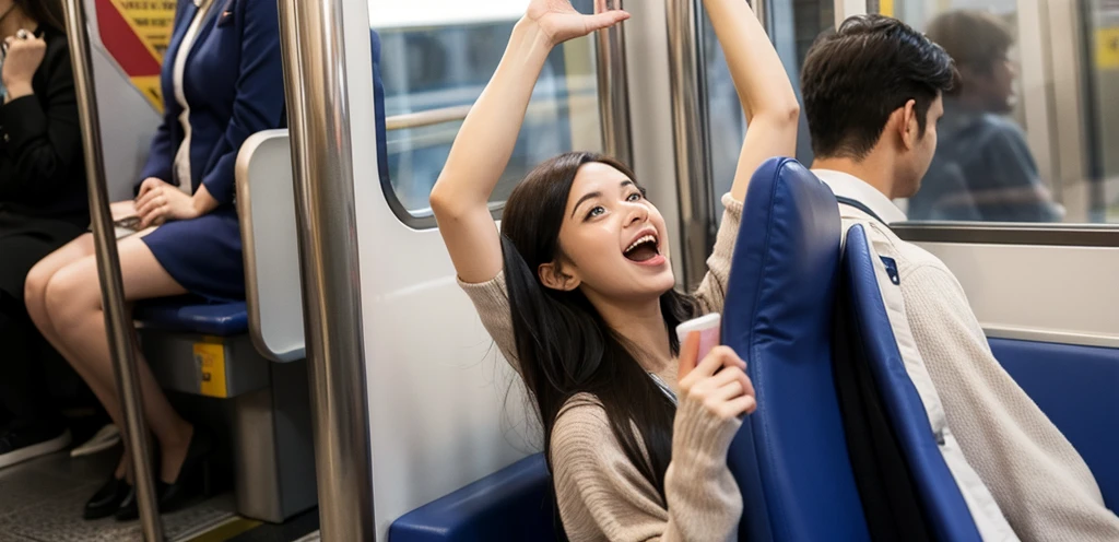 Woman gets excited on the train