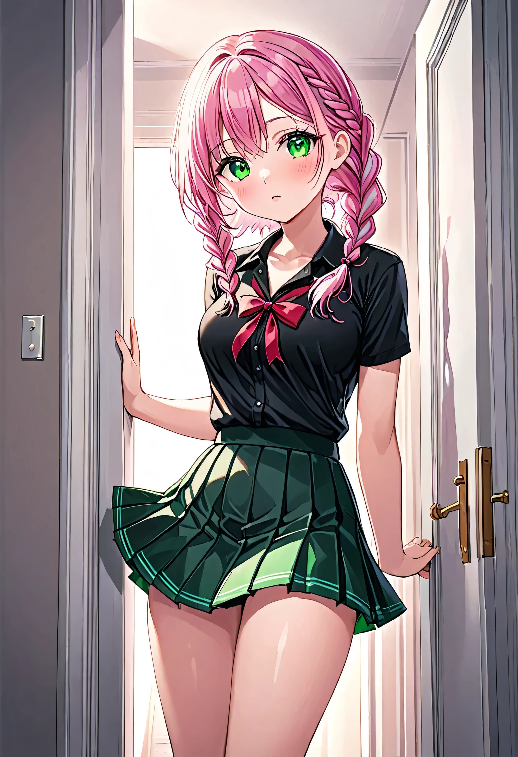 NSFW, masterpiece, standing (woman 1), ((thin thigths)), blushed face, blue eyes, pink hair, butterfly hair ornament, flashing panties, ((lifting skirt up)), green skirt