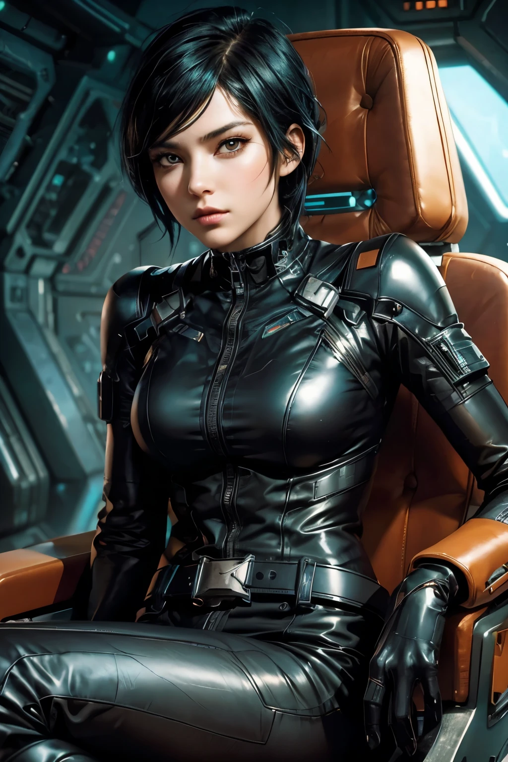 Close-up of a man wearing a leather suit sitting on a chair, Cyberpunk girl with jet black hair, Portrait Anime Astronaut Girl, Artgerm JSC, SF Women, Girl wearing mecha cyber armor, Cassandra Kane in satin, Epic sci-fi character art, Epic sci-fi character art, Cassandra Kane, Android Heroine