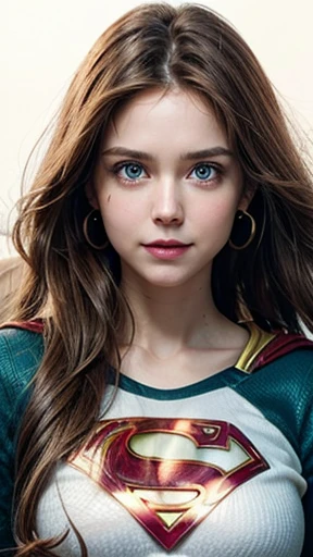 White woman, 35 years old, Brown hair, long hair, messy hair, Nice face, simetric face, Green eyes, Nice body, supergirl uniform, smile, earrings 