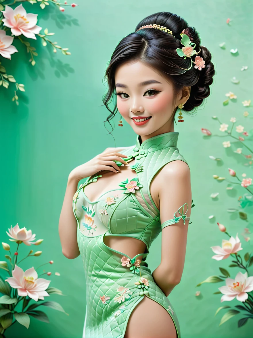 (paper art, Quilted paper art, 3d), (full-body shot:1.5), 1 Cheongsam woman，shy，slim body，Perfect proportions，Exquisite hair accessories，Smile，Oriental elements，Simple background，Mint Green，(Soft lighting，bokeh)，high quality，4K