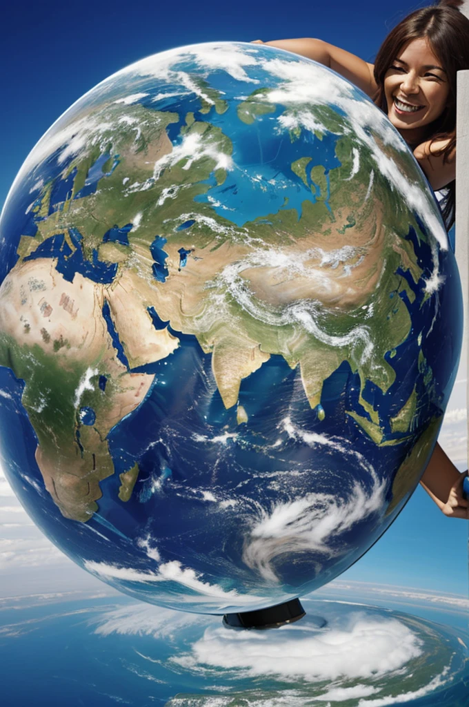 Earth (globe) with humanized face, laughing.